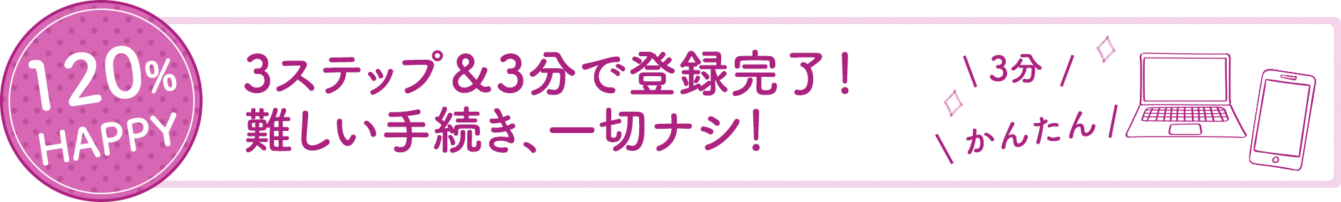 120%HAPPY 3ステップ&3分で登録完了！難しい手続き、一切ナシ！かんたん！